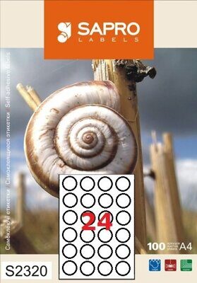 Бумажная наклейка SAPRO Labels круг А4 Ø42мм 100 листов 24 наклейки белая