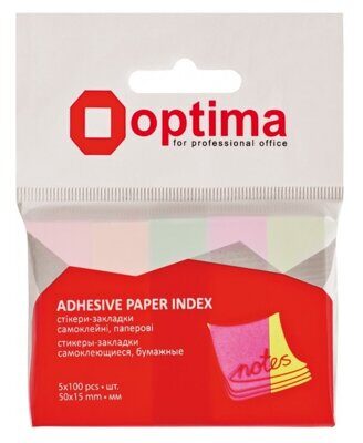 Прапорці-закладки OPTIMA паперові 50х15мм, 5кольор х 100арк. Pastel
