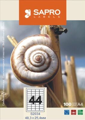 Бумажная наклейка SAPRO Labels А4 48,3х25,4мм 100 листов 44 наклейки белая