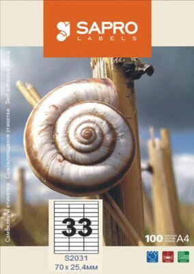 Бумажная наклейка SAPRO Labels А4 70х25,4мм 100 листов 33 наклеек белая